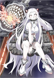  abyssal_ship airfield_princess c: colored_skin commentary_request female highres horns kantai_collection long_hair looking_at_viewer machinery photoshop_(medium) shoes sitting smile solo teeth turret very_long_hair white_hair white_skin yuu_(oosakazaijyuu) 