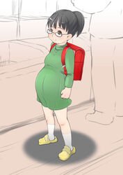  backpack bad_id bad_pixiv_id bag black_hair brown_eyes female glasses j7w original pregnant randoseru short_hair solo_focus 