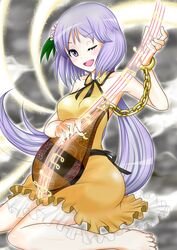  ;d adapted_costume bare_shoulders barefoot biwa_lute black_ribbon blush commentary_request dress female flower hair_flower hair_ornament highres holding holding_instrument instrument ju_(old505) long_hair lute_(instrument) musical_note one_eye_closed open_mouth orange_dress purple_eyes purple_hair ribbon sitting smile solo teeth touhou tsukumo_benben twintails upper_teeth_only very_long_hair wariza 