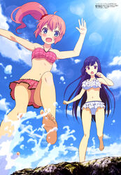  2girls absurdres amatsuki_meguru arm_up barefoot bikini bikini_skirt black_hair blue_eyes blush breasts cloud cloudy_sky collarbone day frilled_bikini frills from_below hair_between_eyes hair_ornament hair_scrunchie highres kisaragi_sumire large_breasts leg_up lens_flare long_hair looking_at_viewer looking_down magazine_scan megami_magazine mole mole_under_eye multiple_girls navel official_art open_mouth outdoors red_bikini red_eyes red_hair scan scrunchie side_ponytail sky standing sunlight swimsuit tsuzuki_yukako twin_angel twin_angel_break very_long_hair water white_bikini 