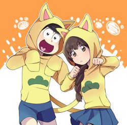  1boy :&lt; animal_hood bad_id bad_twitter_id black_hair bowl_cut braid brown_hair cat_hood female freckles heart heart_in_mouth hood hoodie jingle_(mhb729) jyushimatsu&#039;s_girlfriend long_hair matching_outfits matsuno_jyushimatsu namco_namja_town osomatsu-kun osomatsu-san osomatsu_(series) paw_print shorts simple_background skirt sleeves_past_wrists smile two-tone_background 