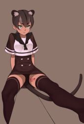  3: absurdres alternate_costume alternate_eye_color animal_ears arms_at_sides black_neckerchief black_panties black_sailor_collar brown_background brown_hair brown_skirt brown_thighhighs buttons closed_mouth collared_shirt commentary_request covered_navel dark-skinned_female dark_skin dosa extra_ears eyelashes female foreshortening fossa_(kemono_friends) green_eyes hair_between_eyes high-waist_skirt highres jaggy_lines kemono_friends lips looking_at_viewer multicolored_hair neckerchief no_shoes oekaki panties pantyshot sailor_collar sanpaku school_uniform see-through serafuku shirt short_hair short_sleeves simple_background sitting skirt sleeve_cuffs slit_pupils solo tail thick_eyebrows thighhighs tsurime two-tone_hair underwear v-shaped_eyebrows 