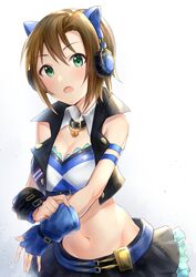  animal_ear_headphones animal_ears armband bare_shoulders belt black_skirt blue_gloves breasts brown_hair buttons cat_ear_headphones cleavage collar commentary crown detached_collar elbow_gloves fake_animal_ears female fingerless_gloves gloves green_eyes hair_between_eyes headphones highres idolmaster idolmaster_cinderella_girls jewelry looking_at_viewer midriff miniskirt navel necklace open_mouth over_the_collar_(idolmaster) putting_on_gloves short_hair simple_background skirt small_breasts solo tada_riina takeashiro vest 