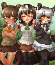  3girls animal_ears binturong_(kemono_friends) blush bow bowtie commentary_request fossa_(kemono_friends) highres kakiikada kemono_friends masked_palm_civet_(kemono_friends) multiple_girls skirt sleeveless tail 