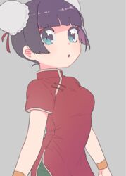  bad_id bad_twitter_id black_hair blue_eyes bun_cover china_dress chinese_clothes double_bun dress extra eyeshadow female grey_background hair_bun highres looking_at_viewer makeup meggu_o open_mouth osomatsu-san osomatsu_(series) shaorin_(osomatsu-san) short_hair simple_background solo 