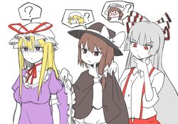  3girls ? bad_id bad_twitter_id black_cape blonde_hair blunt_bangs bow breasts brown_hair cape cape_tug choker clothes_lift collared_shirt commentary_request dress dress_lift elbow_gloves fedora frilled_dress frills fujiwara_no_mokou gloves grey_hair hair_between_eyes hairbow hand_on_own_chin hat hat_bow hat_ribbon head_tilt long_hair long_sleeves looking_afar looking_at_another looking_down maribel_hearn medium_breasts mob_cap multiple_girls one-hour_drawing_challenge pants puffy_short_sleeves puffy_sleeves purple_dress purple_eyes red_pants red_ribbon ribbon ribbon_choker shaded_face shirt short_hair short_sleeves simple_background single_sidelock sleeves_rolled_up spoken_character spoken_question_mark stroking_own_chin suspenders thinking touhou usami_renko usami_sumireko usuaji white_background white_bow white_gloves white_shirt yakumo_yukari 