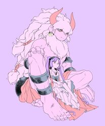  1boy asterios_(fate/grand_order) bare_shoulders barefoot cleavage dress earrings euryale fate/grand_order fate/hollow_ataraxia fate_(series) female grey_hair hair_ornament hairband horns long_hair nipples pink_eyes purple_background purple_hair red_eyes ribbon twintails 