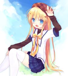  :d bad_id bad_pixiv_id blonde_hair blue_eyes clover_days female hair_ornament hairclip hat kamichi_miyaki long_hair looking_at_viewer open_mouth plaid plaid_skirt pleated_skirt school_uniform serafuku sitting skirt smile solo takakura_anzu thighhighs white_thighhighs zettai_ryouiki 