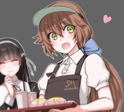  2girls :d apron black_hair blunt_bangs blush bow brown_hair closed_eyes collared_shirt commentary_request cup drinking_straw eiyuu_densetsu elise_schwarzer employee_uniform fast_food_uniform flat_chest green_eyes grey_background hairband hairbow heart long_hair looking_at_viewer multiple_girls neck_ribbon open_mouth ponytail ribbon sagara_riri sen_no_kiseki shirt short_sleeves simple_background smile solo_focus towa_herschel tray uniform upper_body visor_cap white_shirt 