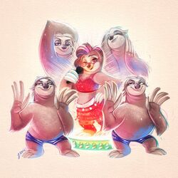  1:1 2016 anthro bottomwear claws closed_eyes clothed clothing digital_media_(artwork) disney electronics eyewear female fur glasses group hi_res looking_at_viewer male mammal microphone midriff pilosan piti_yindee priscilla_tripletoe shorts simple_background skimpy sloth three-toed_sloth toe_claws xenarthran zootopia zootopia_shorts 