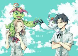  bad_id bad_pixiv_id blue_eyes brown_eyes brown_hair commentary_request digimon digimon_(creature) digimon_adventure digimon_adventure_tri. female glasses gomamon green_eyes highres kido_jo long_hair necktie palmon school_uniform short_hair tachikawa_mimi takase_(takase1214) tsukishima_general_high_school_uniform 