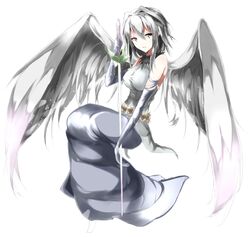  bare_shoulders commentary_request dress elbow_gloves engi_threepiece feathered_wings female flower full_body fur_collar gloves grey_dress grey_eyes grey_gloves grey_hair grey_theme grey_wings hair_intakes highres holding holding_sword holding_weapon long_dress long_skirt looking_at_viewer namuru open_mouth short_hair simple_background skirt sleeveless sleeveless_dress solo sword symbol-shaped_pupils triangle-shaped_pupils weapon white_background white_wings wings yumekui_merry 