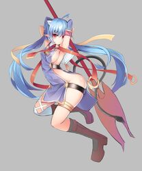  arms_up axe bad_id bad_pixiv_id blue_hair bow breasts brown_footwear elbow_gloves epic_seven female full_body gloves grey_background hairbow highres holding holding_axe long_hair looking_at_viewer medium_breasts photoshop_(medium) pigat pointy_ears ravi_(epic_seven) red_eyes sideboob simple_background single_thighhigh solo tail thighhighs very_long_hair white_thighhighs yellow_bow 