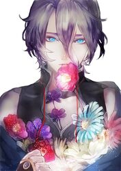  1boy black_hair blue_eyes blue_flower camellia commentary_request flower flower_in_mouth hair_between_eyes ihiro japanese_clothes kasen_kanesada looking_at_viewer male_focus mouth_hold purple_flower purple_hair red_flower red_ribbon ribbon simple_background solo touken_ranbu upper_body white_background white_flower 