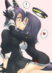  ! 2girls blush breast_press breasts closed_eyes commentary_request gloves hair_intakes halo head_hold headgear heart kantai_collection kissing mechanical_halo multiple_girls purple_hair revision school_uniform short_hair sousui_hani spoken_heart sweatdrop symmetrical_docking tatsuta_(kancolle) tenryuu_(kancolle) thighhighs yellow_eyes yuri 