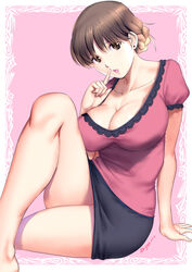  :d arm_support bare_legs black_skirt braid braided_bun breasts brown_eyes brown_hair cleavage collarbone earrings feet_out_of_frame female finger_to_mouth hair_bun index_finger_raised jewelry knee_up large_breasts legs looking_at_viewer mature_female miniskirt open_mouth original pencil_skirt pink_background pink_shirt puffy_short_sleeves puffy_sleeves saigado shirt short_sleeves shushing simple_background skirt smile solo stud_earrings thighs 