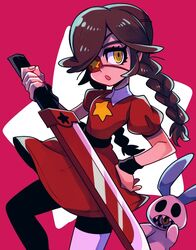  alternate_costume annie_(skullgirls) brown_hair dress eyepatch female flat_chest highres mako_gai puppet red_dress sagan_(skullgirls) skullgirls star_(symbol) sword twintails weapon 