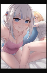  2girls absurdres alternate_breast_size bangs bare_legs bed blonde_hair blue_eyes blue_hair blush breasts camisole cleavage fish_tail gawr_gura grin hair_between_eyes hair_ornament highres hololive hololive_english lying medium_breasts medium_hair monocle_hair_ornament multicolored_hair multiple_girls on_side outstretched_arms panties pink_camisole shark_girl shark_hair_ornament shark_tail shirt silver_hair sleeping smile streaked_hair striped striped_panties tail tfqr thighs underwear watson_amelia white_shirt 