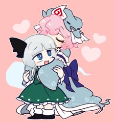  2girls black_footwear black_ribbon blue_eyes blue_headwear blue_kimono closed_eyes commentary_request frilled_skirt frills full_body green_skirt green_vest grey_hair hair_ribbon harunori_(hrnrx) hat heart hug hug_from_behind japanese_clothes kimono konpaku_youmu konpaku_youmu_(ghost) long_sleeves mob_cap multiple_girls open_mouth pink_background pink_hair ribbon saigyouji_yuyuko shirt shoes short_hair skirt sleeves_past_fingers sleeves_past_wrists smile socks touhou triangular_headpiece vest white_legwear white_shirt 