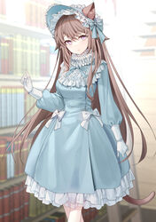  :o animal_ear_fluff animal_ears blue_bow blue_dress blue_headwear blurry blurry_background blush bonnet book bookshelf bow breasts brown_hair cat_ears cat_girl cat_tail commentary_request commission depth_of_field dress ears_through_headwear female frilled_dress frills gloves hair_between_eyes hand_up highres indoors lolita_fashion long_hair long_sleeves looking_at_viewer original parted_lips pixiv_commission puffy_long_sleeves puffy_sleeves purple_eyes ronopu small_breasts solo tail very_long_hair white_bow white_gloves 