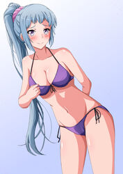  arm_behind_back bikini blue_hair blush breasts cleavage closed_mouth commentary_request cowboy_shot female hair_ornament hair_scrunchie highres kawasaki_saki konoyan large_breasts long_hair looking_at_viewer navel pink_scrunchie ponytail purple_bikini purple_eyes scrunchie smile solo standing swimsuit yahari_ore_no_seishun_lovecome_wa_machigatteiru. 