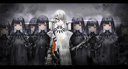  6+girls absurdres alina_(girls&#039;_frontline) android ange-yi black_hair black_scapular bracelet brown_eyes chinese_commentary chinese_text empty_eyes expressionless eyepatch facial_mark girls&#039;_frontline grey_eyes headgear highres jewelry joints letterboxed long_hair looking_at_viewer mechanical_arms metal_eyepatch multiple_girls nyto_(generic)_(girls&#039;_frontline) nyto_(girls&#039;_frontline) pale_skin paradeus photoshop_(medium) robe robot_joints scapular single_mechanical_arm smile translation_request white_hair white_scapular 