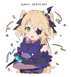  animal bad_id bad_twitter_id bird birthday blonde_hair blue_flower blush confetti elbow_gloves eyepatch female fischl_(genshin_impact) flower genshin_impact gloves green_eyes hair_between_eyes hair_ornament happy_birthday highres holding holding_animal holding_bird long_hair open_mouth oz_(genshin_impact) simple_background tabemon_oishi two_side_up upper_body white_background 