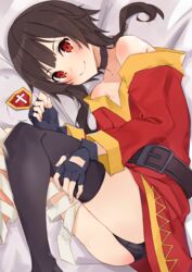  ass bandaged_leg bandages bare_shoulders belt black_collar black_panties black_thighhighs blush breasts brown_hair cape collar commentary dress eyepatch female fingerless_gloves gloves highres kono_subarashii_sekai_ni_shukufuku_wo! looking_at_viewer lying megumin on_side panties red_dress red_eyes short_hair short_hair_with_long_locks single_thighhigh smile solo thighhighs underwear unworn_eyepatch xhunzei 