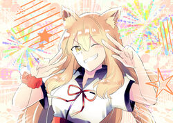  animal_ears blush breasts commentary double_v emotional_engine_-_full_drive fate/extra fate/extra_ccc fate/extra_ccc_fox_tail fate/grand_order fate_(series) female firework_background floral_background fox_ears fox_girl grin hair_between_eyes hands_up koharu_biyori_(monadox) light_brown_hair long_hair looking_at_viewer medium_breasts neck_ribbon one_eye_closed parody pink_background red_ribbon red_scrunchie ribbon scrunchie shirt short_sleeves sidelocks smile solo star_(symbol) suzuka_gozen_(fate) v white_shirt wrist_scrunchie yellow_eyes 