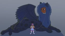  16:9 2023 absurd_res anthro black_body black_feathers black_fur black_wings blue_body blue_clothing blue_dress blue_eyes blue_fur boots breasts brown_body brown_clothing brown_jacket brown_skin brown_topwear claws clothed clothing collar collar_only colored confident digital_media_(artwork) dress duo ear_tuft eurasian_lynx feathers felid feline female feral fluffybuck footwear fur grey_background hair hands_on_hips hi_res holding_in_mouth humanoid_face jacket knee_highs knee_socks larger_feral leash legwear looking_at_another looking_at_viewer looking_down looking_down_at_partner lying lynx mammal mane metal_collar mythological_creature mythological_sphinx mythology nude on_front pattern_clothing pattern_footwear pattern_legwear pattern_socks paws pink_body pink_clothing pink_footwear pink_fur pink_hair pink_socks shaded shoes simple_background size_difference smaller_anthro socks spiked_collar spikes spots standing striped_clothing striped_footwear striped_socks stripes topwear trans_(lore) trans_woman_(lore) tuft white_clothing white_footwear white_shoes widescreen wings 