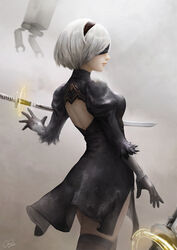  2b_(nier:automata) artstation_username back_cutout black_gloves black_hairband black_thighhighs blindfold breasts cheesewoo clothing_cutout covered_eyes dress female floating floating_object floating_sword floating_weapon from_side gloves hairband highres katana nier:automata nier_(series) pod_(nier:automata) profile robot short_hair signature solo sword thighhighs weapon white_hair zettai_ryouiki 