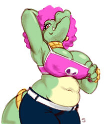  afro anthro backstreetcrab belly big_breasts breasts claws clothed clothing clothing_pull countershading crocodilian digital_media_(artwork) donkey_kong_(series) eyelashes female hair hi_res jewelry kalypso looking_at_viewer midriff navel necklace nintendo non-mammal_breasts pink_afro pink_hair reptile scalie simple_background slightly_chubby smile solo standing topwear 