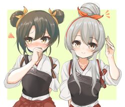  2girls alternate_hairstyle commentary_request dark_green_hair double_bun embarrassed green_background grey_hair hair_bun hairband hakama hakama_short_skirt hakama_skirt japanese_clothes kantai_collection kasashi_(kasasi008) long_hair looking_at_viewer looking_to_the_side multiple_girls muneate orange_hairband red_hakama red_skirt shoukaku_(kancolle) shoukaku_kai_ni_(kancolle) single_hair_bun skirt tasuki two-tone_background upper_body yellow_eyes zuikaku_(kancolle) zuikaku_kai_ni_(kancolle) 