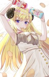  armpits arms_up bad_id bad_twitter_id blonde_hair breasts can chips_(food) female food food_in_mouth hair_ornament hairclip highres hololive horns inaka_44 long_hair looking_at_viewer medium_breasts mouth_hold official_alternate_costume potato_chips purple_eyes sheep_girl sheep_horns shirt sleeveless sleeveless_shirt smile solo tsunomaki_watame tsunomaki_watame_(street_casual) very_long_hair virtual_youtuber white_shirt 