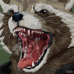  1:1 ambiguous_gender anthro artist_name black_clothing black_nose black_topwear bodily_fluids brown_body brown_eyes brown_fur bust_portrait clothed clothing detailed_mouth drooling fangs fur glistening glistening_eyes green_background grey_body grey_fur low_res mammal mouth_shot open_mouth portrait procyonid raccoon red_tongue roobin saliva saliva_on_tongue saliva_string sharp_teeth simple_background solo teeth tongue topwear whiskers 