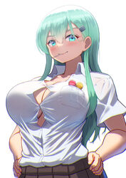  aqua_eyes aqua_hair black_skirt blush breasts bursting_breasts button_gap candy cleavage collarbone collared_shirt commentary_request female food food_in_mouth hair_between_eyes hands_on_own_hips imminent_wardrobe_malfunction kantai_collection large_breasts lollipop long_hair looking_at_viewer maku_ro no_bra pleated_skirt school_uniform shirt short_sleeves sidelocks simple_background skirt smile solo standing suzuya_(kancolle) taut_clothes taut_shirt white_background white_shirt 