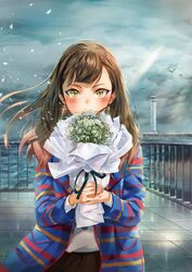  bouquet brown_hair brown_skirt cloud commentary_request cowboy_shot deck_(architecture) female flower highres jacket lighthouse long_sleeves ocean original outdoors railing rainmaker skirt sweater tile_floor tiles water waves white_sweater yellow_eyes 