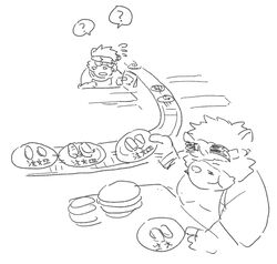  2020 anthro bear belly chisa_sa closed_eyes duo eating food male mammal monochrome ooe_senbee question_mark saigou_shirou sengoku_puzzle slightly_chubby sushi text 