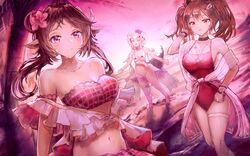  3girls absurdres angelina_(arknights) angelina_(summer_flower)_(arknights) animal_ears arknights bad_id bad_pixiv_id beach bikini breasts brown_eyes brown_hair casual_one-piece_swimsuit commentary_request crocodilian_tail eyjafjalla_(arknights) eyjafjalla_(summer_flower)_(arknights) flower frills hachiko_(0088) hair_flower hair_ornament highres horns looking_at_viewer multiple_girls navel official_alternate_costume one-piece_swimsuit pink_theme swimsuit tail tomimi_(arknights) tomimi_(silent_night)_(arknights) wet 