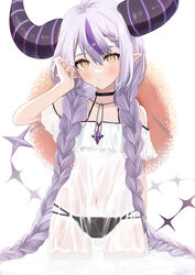  absurdres ahoge bare_shoulders black_choker black_horns blush braid breasts choker closed_mouth collarbone cowboy_shot demon_girl demon_horns female hair_between_eyes highres hololive horns la+_darknesss long_hair looking_at_viewer mashiro_io multicolored_hair navel off_shoulder pointy_ears purple_hair ribbon see-through sidelocks small_breasts solo standing streaked_hair swimsuit twin_braids very_long_hair virtual_youtuber yellow_eyes 