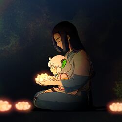  2boys animal_ears black_hair blush cat_ears closed_eyes flower glowing green_eyes highres lantern lantern_on_liquid long_hair lotus_lantern low-tied_long_hair luo_xiaohei luo_xiaohei_(human) luo_xiaohei_zhanji md_smpq medium_hair multiple_boys open_mouth paper_lantern profile sidelocks sitting sitting_on_lap sitting_on_person white_hair wuxian_(the_legend_of_luoxiaohei) 