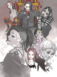  2girls 5boys beard chair commentary_request cross donato_porpora facial_hair furuta_nimura gloves gradient_background grey_background highres hoito_roma itori_(tokyo_ghoul) long_hair looking_at_viewer multiple_boys multiple_girls neck_tattoo nico_(tokyo_ghoul) open_mouth pants parted_bangs ponytail red_gloves red_hair red_pants shikorae_(tokyo_ghoul) shirt short_hair shoulder_tattoo sitting smile stfr_(stfr_kaz) striped_clothes striped_shirt tattoo teeth tokyo_ghoul tongue tongue_out uta_(tokyo_ghoul) white_background 