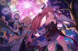  1boy 5girls absurdres aether_(genshin_impact) animal_ears bare_shoulders blonde_hair blush braid breasts detached_sleeves earrings fireworks fox_ears genshin_impact grin hair_ornament halo highres jewelry kujou_sara large_breasts long_hair looking_at_viewer looking_back low-braided_long_hair low-tied_long_hair multiple_girls night night_sky paimon_(genshin_impact) pink_hair purple_eyes raiden_shogun red_skirt romper sidelocks skirt sky sleeveless smile takinashi_(friend_coffee) thighs very_long_hair white_hair white_romper wide_sleeves yae_miko yoimiya_(genshin_impact) 