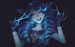  :d black_background black_bow black_gloves bow breasts drill_hair female gloves green_hair gwen_(league_of_legends) hairbow highres holding holding_needle holding_scissors league_of_legends long_hair looking_at_viewer needle scissors smile solo teeth twin_drills twintails upper_body zoe_(crownsforkings) 