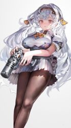  black_pantyhose breasts feet_out_of_frame female from_below gradient_background gun holding holding_gun holding_weapon long_hair looking_at_viewer original pantyhose pleated_skirt red_eyes shadow skirt solo voruvoru weapon white_background white_hair 