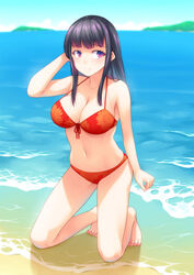  arm_behind_head bare_arms bare_legs bare_shoulders barefoot beach bikini black_hair blunt_bangs breasts cleavage collarbone commentary day female floral_print front-tie_bikini_top front-tie_top full_body hand_up highres kirishima_kyouko_(sore_wa_rei_no_shiwaza_desu) kneeling large_breasts long_hair navel noise_(tsuzuki) official_art outdoors print_bikini purple_eyes red_bikini smile solo sore_wa_rei_no_shiwaza_desu swimsuit water waves 