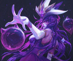  &gt;3&lt; artist_name ball bare_shoulders breasts closed_mouth colored_inner_hair dress dutch_angle elbow_gloves facial_mark female gem gloves hair_between_eyes hair_ornament highres league_of_legends long_hair magic multicolored_hair pink_hair purple_hair star_guardian_(league_of_legends) star_guardian_syndra syndra wrist_cuffs zoe_(crownsforkings) 