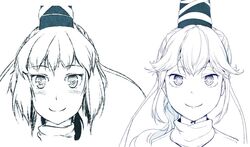  blue_theme closed_mouth female hat hi_you_(flying_bear) japanese_clothes long_hair looking_at_viewer monochrome mononobe_no_futo ponytail revision ribbon simple_background smile tate_eboshi touhou white_background 