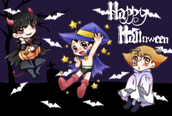  3boys atom:_the_beginning atom_(tetsuwan_atom) bat_(animal) black_hair blush brown_eyes brown_hair chaimaou chibi commentary_request crossed_legs demon_horns ghost_costume grave halloween happy_halloween hat highres horns multiple_boys ochanomizu_hiroshi pumpkin red_eyes robot smile star_(sky) tenma_umatarou tetsuwan_atom tree wizard wizard_hat zombie 