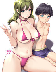  1boy age_difference bikini black_hair blush boxer_briefs breasts choker closed_mouth female green_eyes green_hair highres large_breasts looking_at_viewer male_underwear navel onee-shota original pink_bikini pink_choker saigado side-tie_bikini_bottom simple_background sitting smile straight swimsuit underwear v white_background 